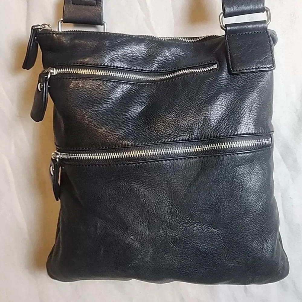 MARGOT Black Leather Messenger Bag 2 Ext. Front Zipper Pockets Top Zip Closure